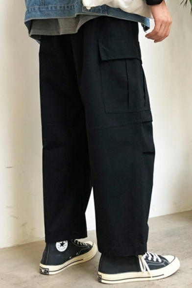 Modish Stylish Mens Pants Plain Elastic Waist Full Length Loose Fit Pants with Pockets