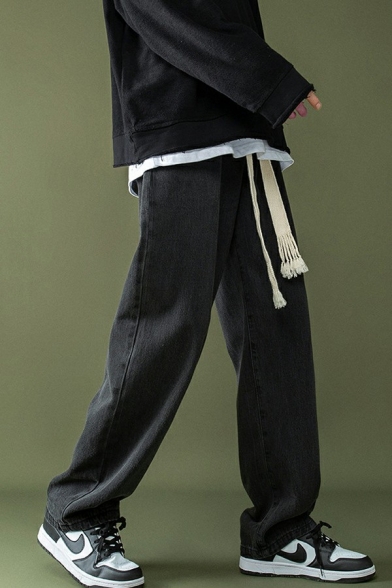 Elegant Jeans Plain Pocket Designed Mid Rise Loose Full Length Drawstring Jeans for Men