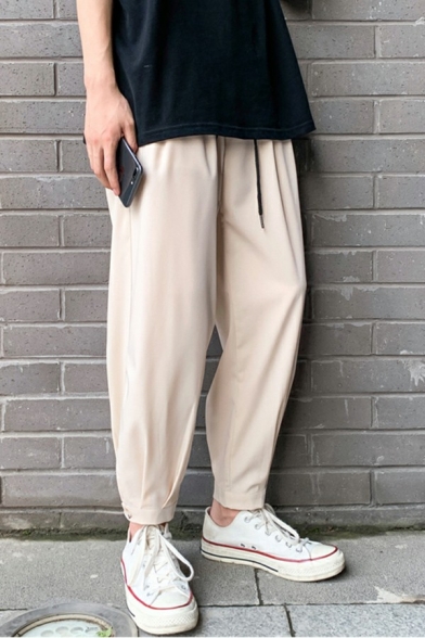 Trendy Mens Pants Plain Drawstring Waist Mid Rise Full Length Regular Fit Pants with Pockets