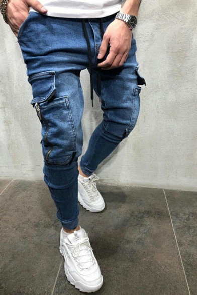 Men Modern Jeans Solid Flap Pocket Full Length Mid Rise Skinny Drawstring Waist Jeans