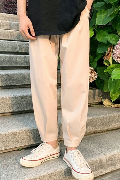 Trendy Mens Pants Plain Drawstring Waist Mid Rise Full Length Regular Fit Pants with Pockets