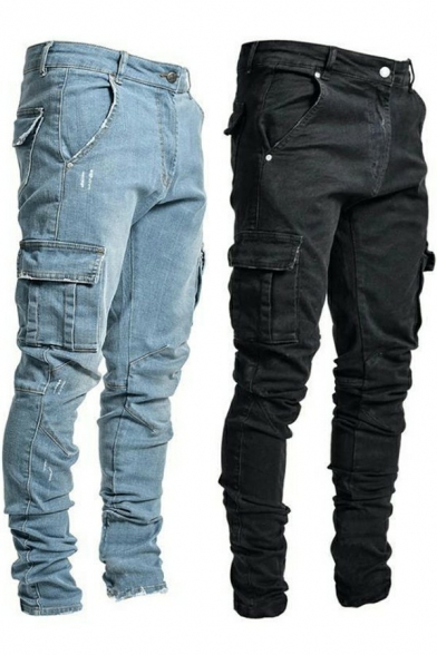 Guy's Edgy Jeans Solid Color Full Length Flap Pocket Mid Rise Straight Zip Placket Jeans