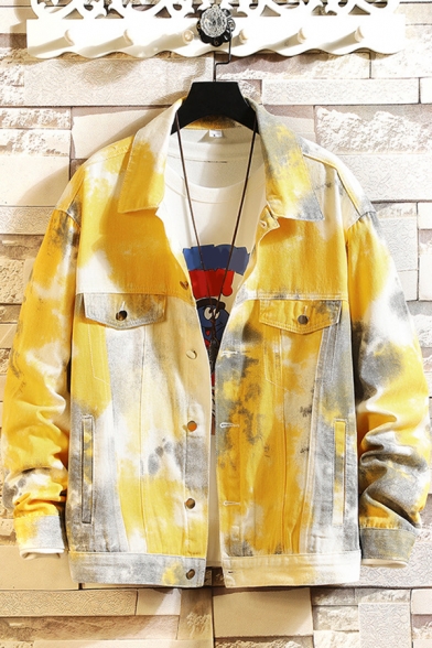 Guy's Freestyle Jacket Tie Dye Print Long-Sleeved Loose Fit Spread Collar Button down Denim Jacket