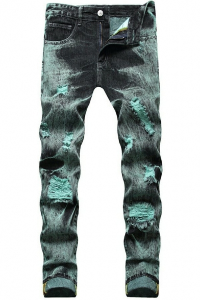 Casual Mens Jeans Tie Dye Print Distressed Designed Mid Rise Full Length Zip Fly Jeans