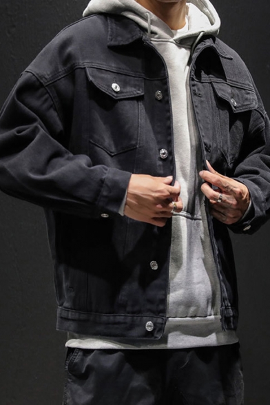 Guy's Leisure Jacket Plain Fake Two Piece Long Sleeves Loose Fitted Hooded Button Fly Denim Jacket