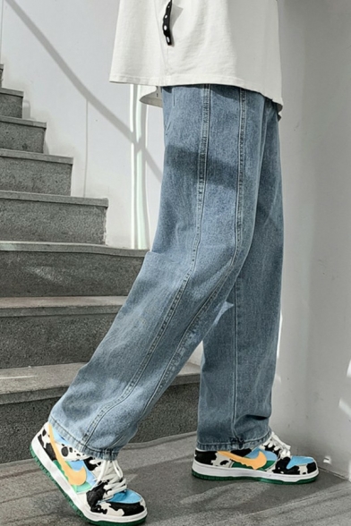 Dashing Guys Jeans Solid Color Full Length Mid Waist Loose Zip Fly Straight Jeans for Men
