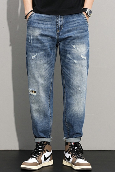 Urban Jeans Whitened Distressed Design Long Length Fitted Zip down Mid Rise Jeans for Men
