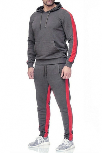 Athletic Co-ords Stripe Print Long Sleeve Drawstring Hoodie with Pants Co-ords for Men
