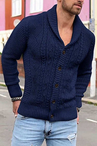 Chic Mens Cardigan Whole Colored Shawl Collar Relaxed Cable Knit Button Placket Cardigan