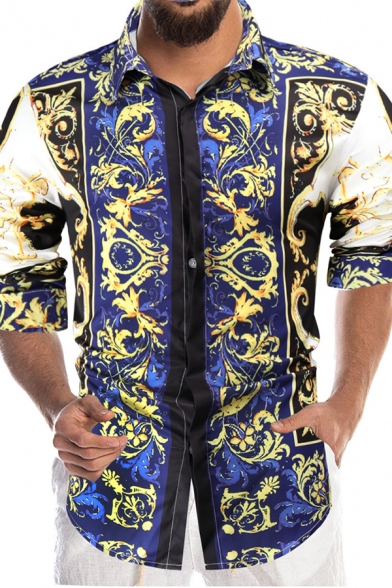 Chic Mens Shirt Floral Pattern Long Sleeve Turn-down Collar Regular Fit Button Shirt