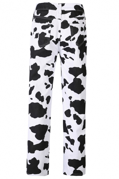 Classic Ladies Pants Cow Pattern Mid Waist Zipper Fly Long Straight Pants