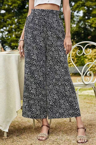 Classic Ladies Pants Floral Pattern High Elastic Waist Loose Fit Ankle Length Straight Wide Leg Pants