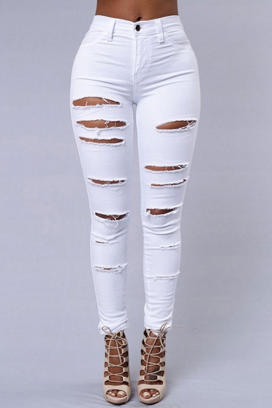 Classic Plain Jeans Mid Rise Distressed Zip Fly Ankle Length Skinny Jeans for Women