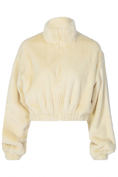 Cool Ladies Fluffy Sweatshirt Lapel Solid Color Zipper Closure Long Sleeve Crop Sweatshirt