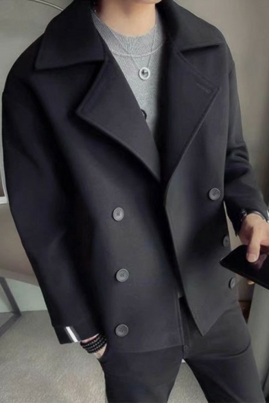 Cool Men Coat Pure Color Lapel Collar Pocket Button Up Loose Fit Pea Coat