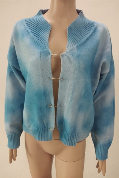 Creative Girls Cardigan Tie Dye Round Neck Long Sleeve Pin Button Relaxed Cropped Cardigan
