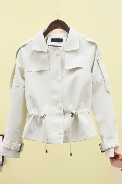 Creative Womens PU Jacket Plain Lapel Collar Button Closure Drawstring Waist Slim Fit Leather Jacket