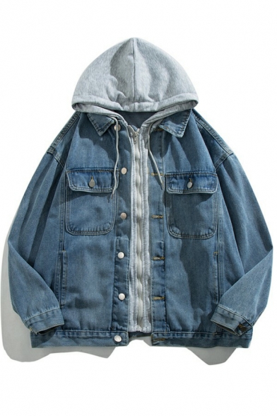 Daily Boy's Jacket Plain Fake Two Piece Button Closure Loose Fit Denim Jacket with Hood