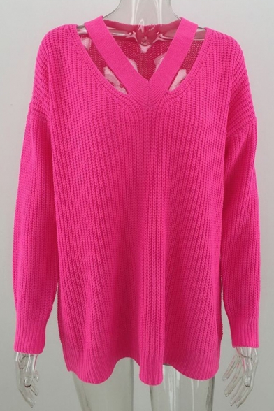 Daily Ladies Sweater V-Neck Hollow Detail Long Sleeve Loose Fit Pullover Sweater