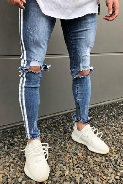 Daily Mens Jeans Side Line Pattern Medium Wash Zipper Placket Skinny Fit Jeans