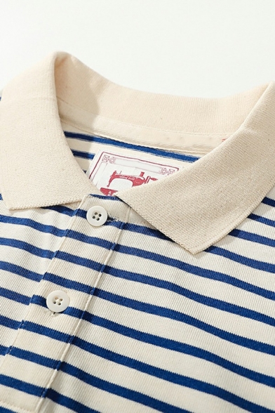 Daily Mens Polo Shirt Stripe Print Short Sleeve Turn-down Collar Button Detail Loose Fit Polo Shirt