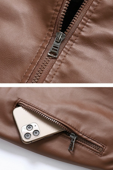 Elegant Guy's Jacket Whole Colored Pocket Hooded Regular Drawstring Zip Fly Leather Jacket