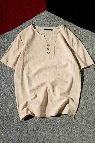Elegant Men's Polo Shirt Solid Color V Neck Short Sleeves Loose Button Fly Polo Shirt