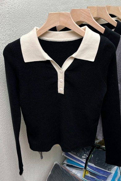 Elegant Womens Polo Shirt Contrast Collar Button Up Long Sleeve Rib Knit Relaxed Cropped Polo Shirt
