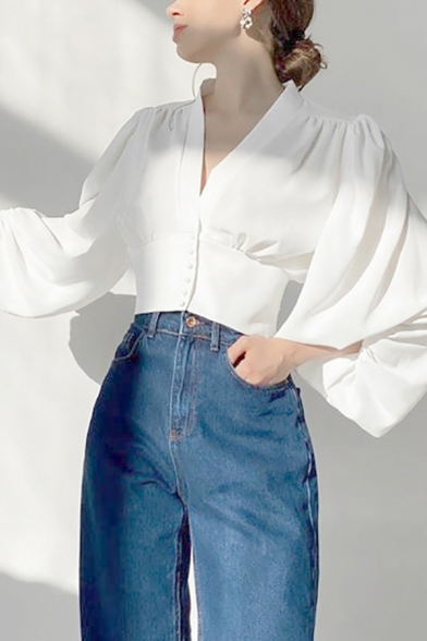 Elegant Womens Shirt Plain V Neck 3/4 Length Puff Sleeve Relaxed Cropped Blouses