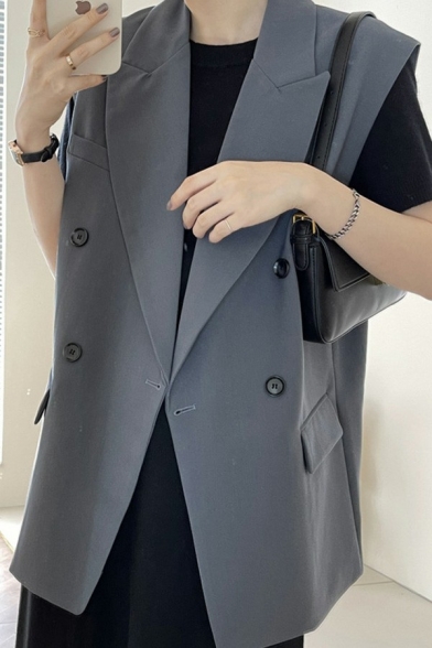 Fashion Womens Vest Solid Color V Neck Lapel Collar Double Breasted Sleeveless Loose Fit Vest with Flap Pockets
