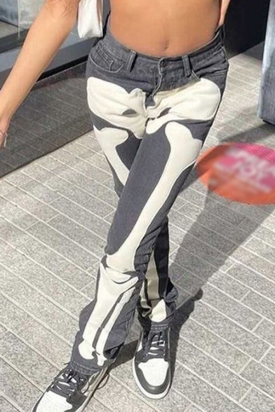 Girls Street Style Jeans Bone Printed Low Rise Zip Fly Ankle Length Straight jeans