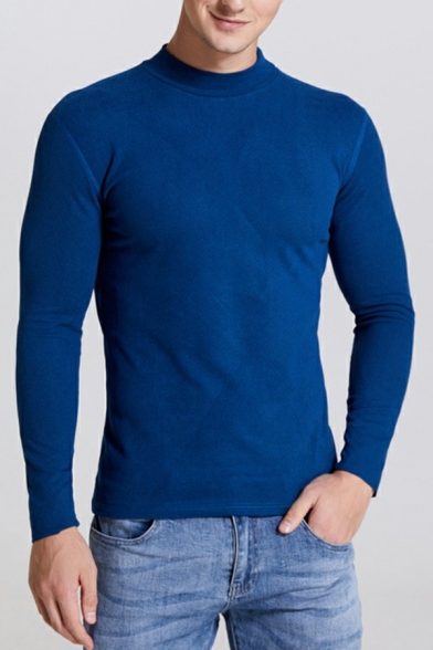 Guy's Leisure Tee Shirt Solid Color Long-sleeved Mock Neck Slim Fitted T-Shirt