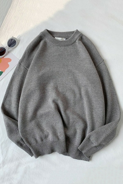 Guys Fancy Sweater Plain Ribbed Hem Long Sleeve Round Neck Oversized Pullover Sweater