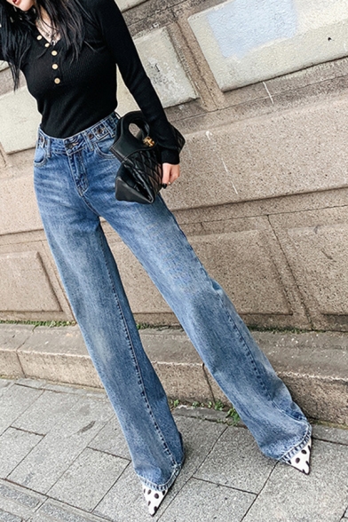 Leisure Faded Wash Jeans Zipper Up Mid Rise Long Straight Jeans for Women