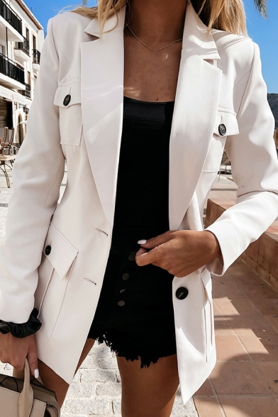Leisure Womens Blazer Solid Color Notched Lapel Collar Button Closure Slim Fit Blazer with Pockets