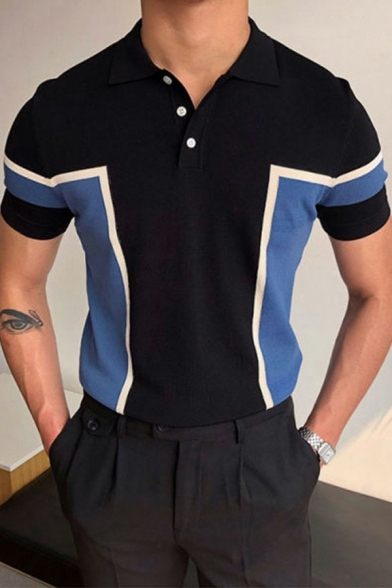 Men's Leisure T-Shirt Color Block Short Sleeve Spread Collar Regular Fit T-Shirt in Black