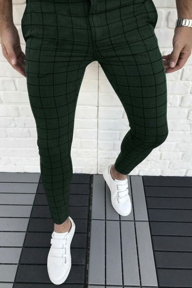 Mens Simple Pants Plaid Printed Pocket Full Length Skinny Mid Rise Zip Placket Pants