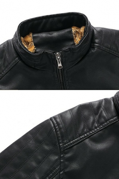 Mens Vintage Jacket Solid Pocket Stand Collar Long Sleeves Skinny Zipper Leather Jacket
