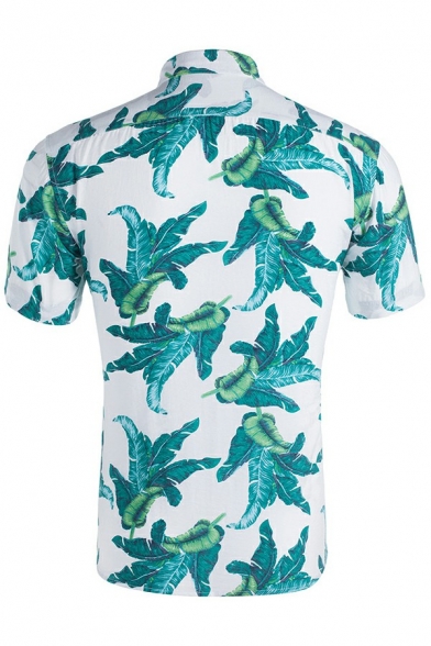 Popular Shirt Plant Pattern Turn-down Collar Short-Sleeved Slim Fitted Shirt for Boys