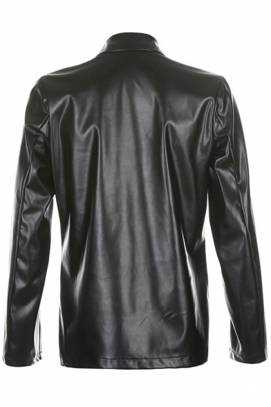 Simple Ladies Jacket PU Leather Notched Lapel Collar One Button Long Sleeve Oversized Biker Jacket