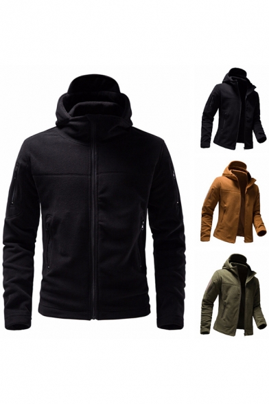 Simple Mens Coat Plain Zip Closure Long Sleeve Regular Fit Coat with Hood