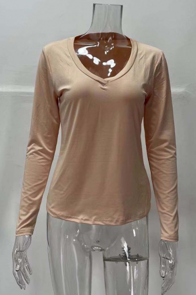 Simple Womens T-Shirt Solid Color Deep V-Neck Long Sleeve Slim Fit T-Shirt
