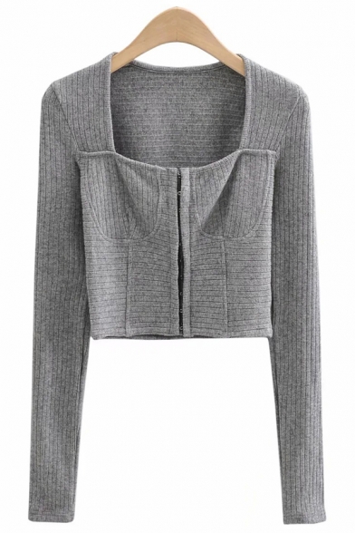 Stylish Womens Crop Cardigan Square Neck Buckle Button Down Slim Fit Long-Sleeved Cardigan