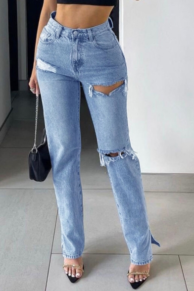 Stylish Womens Plain Jeans Distressed Ripped High Rise Zip Up Slit Detail Long Straight Jeans