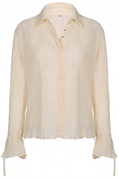 Stylish Womens Shirt Plain Color Spread Collar Long Flare Sleeve Button Down Slim Sheer Shirt