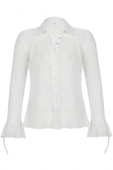 Stylish Womens Shirt Plain Color Spread Collar Long Flare Sleeve Button Down Slim Sheer Shirt