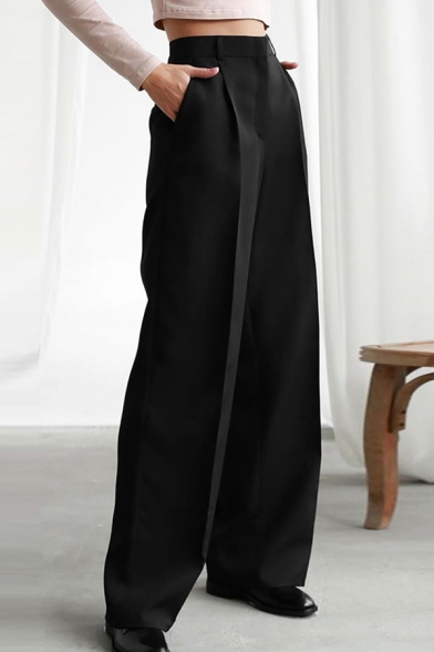 Trendy Ladies Pants Solid Zip Fly High Rise Full Length Relaxed Cigarette Trousers