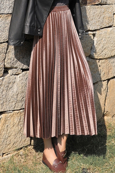 Vintage Velvet Skirt Solid Color A-Line Pleated Maxi Skirt for Women