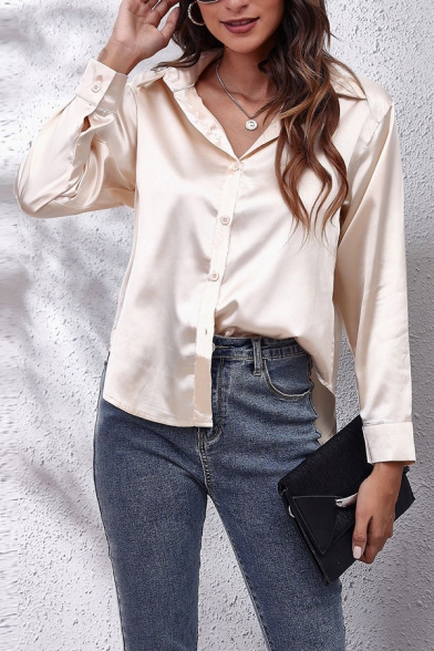 Womens Shirt Modern Plain Color Single Breasted Long Sleeve Straight Spread Collar Shirt