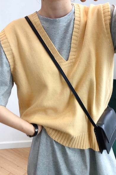 Basic Womens Plain Sweater V Neck Rib Hem Sleeveless Relaxed Fit Knitted Vest